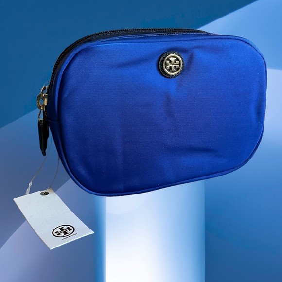 TORY BURCH NEW NYLON MAKEUP COSMETIC BAG CASE 2 sided BLUE ZIP Mother Day gift - Picture 3 of 9